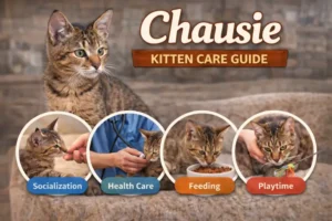Chausie kitten with a short brown ticked coat and large ears sitting indoors, showing early development, alert eyes, and a playful posture