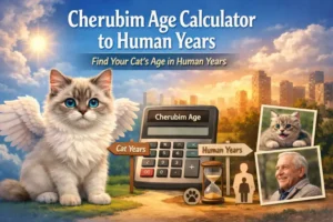 Cherubim cat age calculator illustration showing a fluffy Cherubim cat and human age comparison