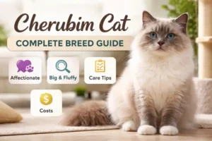 Adult cherubim cat with long plush coat and blue eyes resting indoors