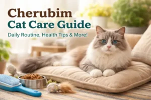 Cherubim cat resting indoors on a soft cushion, showing calm temperament and long fluffy coat, as part of a Cherubim cat care guide