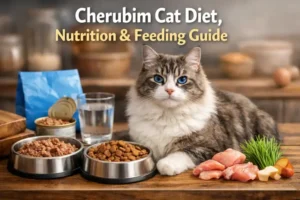 Adult Cherubim cat with long fluffy coat sitting beside wet and dry food bowls as part of a cherubim cat diet guide