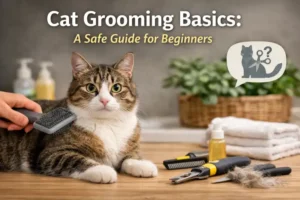 Cat grooming basics showing an adult short-haired cat calmly being brushed at home with simple grooming tools nearby