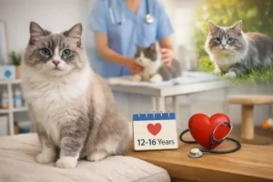 Adult Cherubim cat with medium-long fluffy coat and blue eyes shown in a calm indoor setting, representing cherubim cat health issues and lifespan.