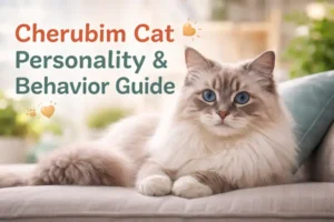 Adult Cherubim cat with long cream fur and blue eyes resting calmly indoors, showing the gentle Cherubim cat personality