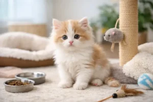 A fluffy Cherubim kitten sitting indoors near food bowls and toys, showing a calm home setup for cherubim kitten care.