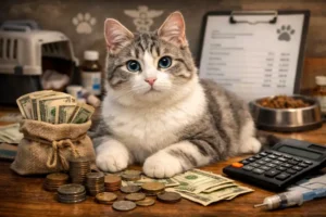 Cherubim cat with blue eyes sitting indoors near pet supplies, showing the cost of ownership planning