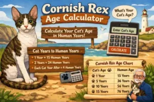 Cornish Rex age calculator showing cat years to human years with age chart and life stages
