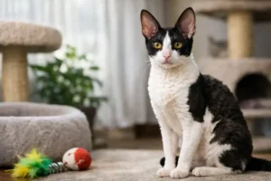 Cornish Rex cat with a short curly coat, slim body, and large ears sitting indoors