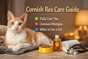 Cornish Rex care shown with an adult Cornish Rex cat resting indoors, highlighting its short curly coat, large ears, and slim body