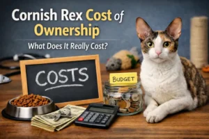 Cornish Rex cost of ownership illustrated by an active adult Cornish Rex cat indoors, showing the breed’s slim body, short curly coat, and alert posture