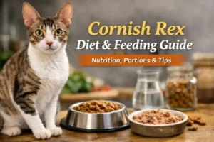 Cornish Rex diet shown with a lean, active Cornish Rex cat near a balanced cat food bowl in a home setting