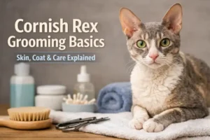 cornish rex grooming showing an adult cornish rex cat with a short curly coat and large ears indoors