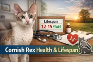 Cornish Rex health issues and lifespan shown with an adult Cornish Rex cat indoors, highlighting breed health and longevity
