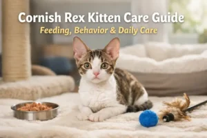 Cornish Rex kitten care showing a young kitten with a short wavy coat resting indoors near toys and a food bowl