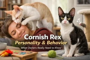 Cornish Rex personality and behavior shown through an affectionate, playful adult Cornish Rex cat indoors with its owner