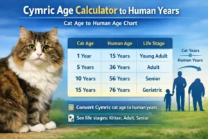 Cymric age calculator showing a long-haired Cymric cat beside a cat age to human years chart with life stages.