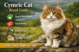 Adult Cymric cat with a long thick coat and round body sitting outdoors, showing the breed’s tailless build and calm expression