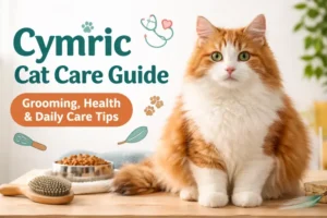 Cymric cat care shown with an adult longhaired tailless Cymric cat indoors, highlighting grooming, health, and daily care needs