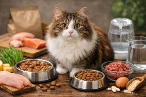 A long-haired Cymric cat sitting indoors with bowls of wet and dry food, raw meat, and fresh water, ready to eat