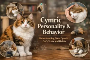A long-haired Cymric cat with a fluffy calico coat sitting on a wooden floor, looking alert and curious, with soft greenish-yellow eyes and a tailless or short tail