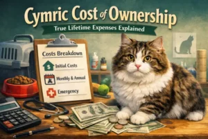 Adult Cymric cat with medium-long fur sitting on a table surrounded by money, calculator, and pet care items, illustrating ownership costs