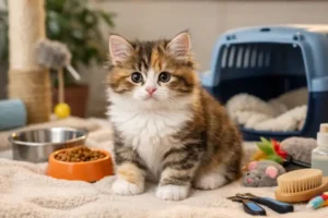 A fluffy Cymric kitten with semi-long fur sitting on a blanket indoors, surrounded by kitten toys, a litter box, and a scratching post