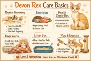 Devon Rex cat care guide covering daily care, grooming, and indoor living needs