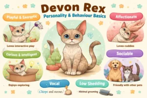 Devon Rex cat personality and behavior traits shown in an active home environment