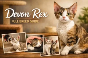 Devon Rex cat full breed guide showing curly coat, slender body, and large ears