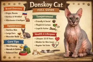 Donskoy cat full breed guide showing hairless skin, body type, and facial features