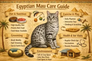 Egyptian Mau cat care guide covering daily care, grooming, and activity needs
