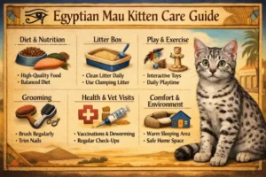 Egyptian Mau kitten care guide showing early growth, feeding, and care needs