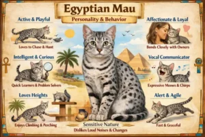 Egyptian Mau cat personality and behavior traits shown in an active home environment