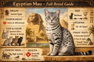 Egyptian Mau cat full breed guide showing spotted coat, athletic body, and facial features