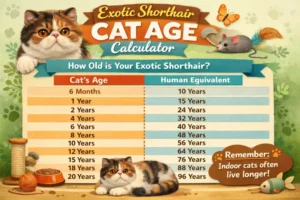 Exotic Shorthair cat age calculator chart converting cat years to human years