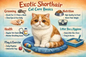Exotic Shorthair cat care guide covering daily care, grooming, and indoor living needs