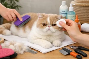 Exotic Shorthair cat grooming basics including brushing, coat care, and hygiene