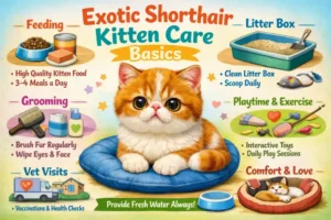 Exotic Shorthair kitten care guide showing early growth, feeding, and care needs