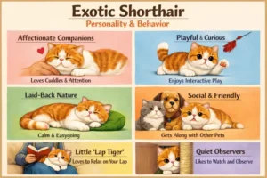 Exotic Shorthair cat personality and behavior traits shown in a calm home setting