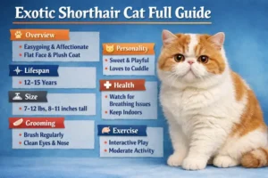 Exotic Shorthair cat full breed guide showing flat face, round body, and short coat