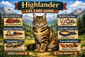 Highlander cat care guide covering daily care, grooming, and activity needs