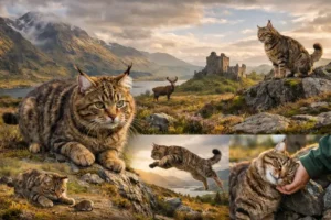 Highlander cat personality and behavior traits shown in an active home environment