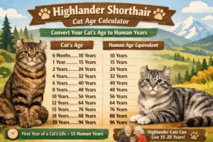 Highlander Shorthair cat age calculator chart converting cat years to human years