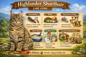 Highlander Shorthair cat care guide covering daily care, grooming, and activity needs