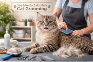 Highlander Shorthair cat grooming basics including brushing, coat care, and hygiene