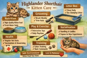 Highlander Shorthair kitten care guide showing early growth, feeding, and care needs