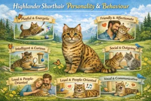 Highlander Shorthair cat personality and behavior traits shown in an active home environment