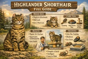 Highlander Shorthair cat full breed guide showing curled ears, muscular body, and short coat