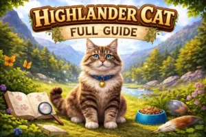 Highlander cat full breed guide showing curled ears, muscular body, and coat features