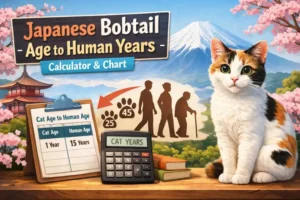 Japanese Bobtail cat sitting indoors with an age chart showing cat age to human years comparison